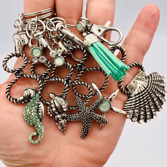 Handmade Sea Life Keychain Shell Seahorse Starfish Tassel Silver Repurposed - Picture 9 of 10